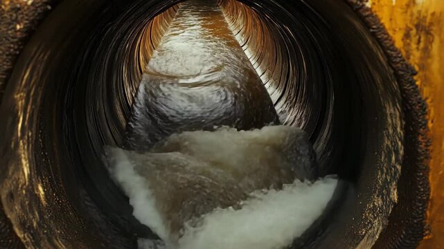 Inside of a old storm or sewage system pipe with flowing water
