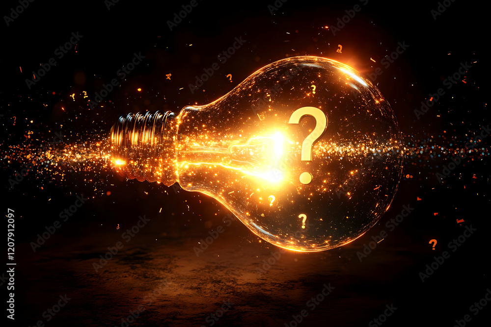Poster glowing lightbulb with question mark in dark setting: concept of mystery, ideas, and problem solving