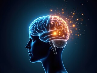 Obraz premium Creative brainstorming process illustrated through a glowing brain with vibrant light effects representing ideas and inspiration