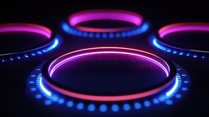 Illuminated gas stove burners with vibrant colors, showcasing modern kitchen technology at night.