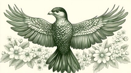 Fototapeta premium Elegant Bird Soaring Amidst Delicate Blossoms
