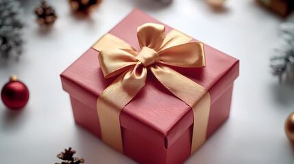 A pink gift box wrapped with gold ribbon bow. Christmas valentine gift photo
