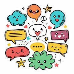 Fototapeta premium A cheerful collection of colorful speech bubbles, stars, hearts, and cute faces with vibrant, playful designs.