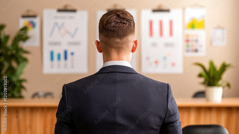 Poster a professional looking man in a suit, observing charts and graphs in an office setting, indicating f