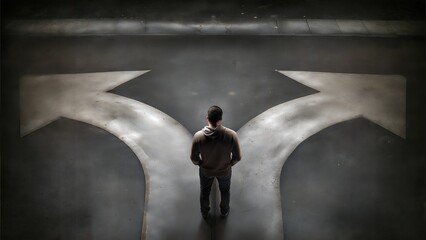 Man standing at a crossroads contemplating two directions on dark background