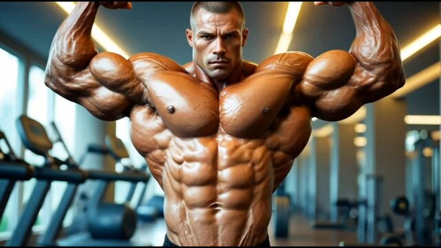 A heavy Muscular bodybuilder and his muscles and abs.