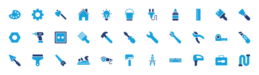 Set of DIY icon. Set Up, Water Hose, Light Bulb, Fix, Centimeter, Paper Cut, Shovel, Paint Brush, Handsaw, Construction Drill, Saw Machine, Painter, Measure, Level, Road Drill vector illustration.