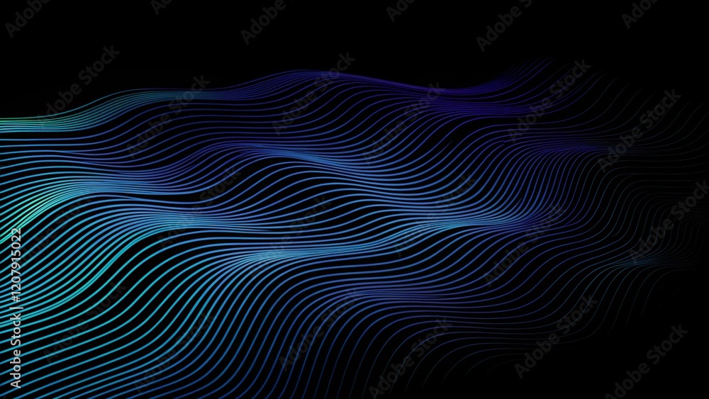 Poster 3d wave lines pattern smooth curve flowing dynamic blue green gradient light isolated on black backg