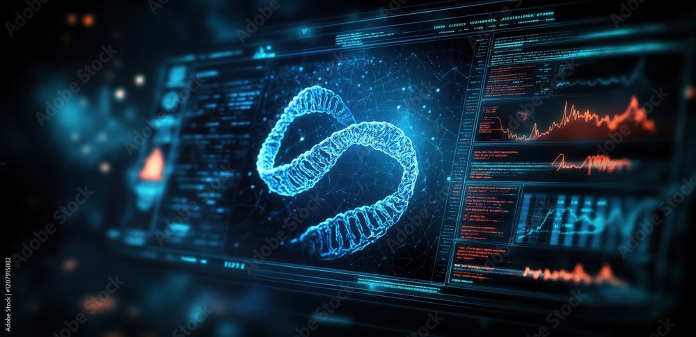 Poster exploring genetic data visualization digital laboratory scientific graphics high-tech environment cl