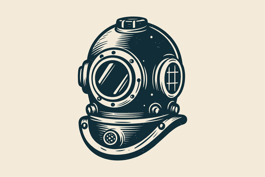 Retro diver's helmet, vintage engraving-style vector icon, black and simple