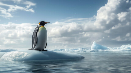 Obraz premium A penguin sitting on a huge hill of ice.
