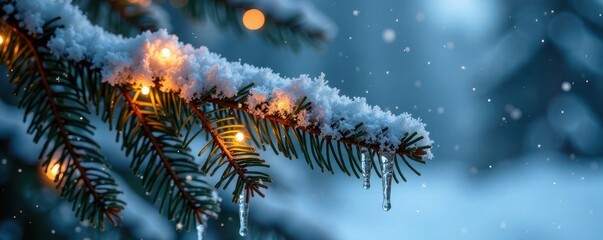 Icy pine branch decorated with soft warm glowing icicle lights, icy evergreen branch, frosty winter landscape