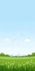 Fototapeta premium A serene landscape featuring green grass, white flowers, and a clear blue sky, with a distant city skyline under a bright day.
