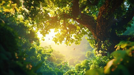 Sunlit forest with rays filtering through a lush green canopy, symbolizing serenity and natural growth. Perfect for scenic, environmental, and tranquil nature themes.