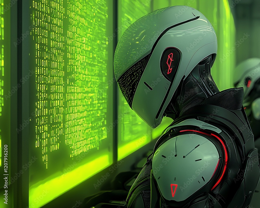 Poster futuristic robot reviewing code on a green screen.