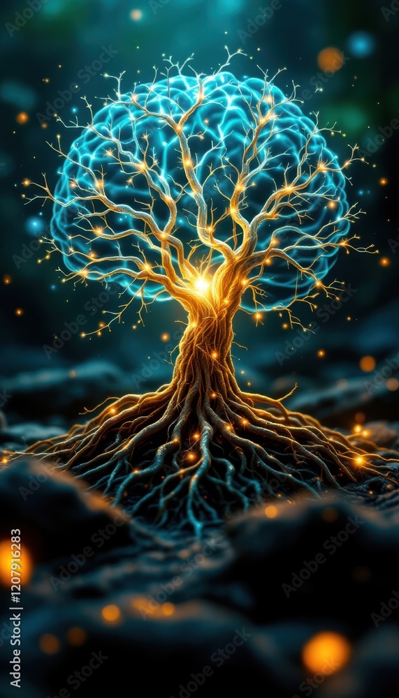 Poster glowing tree with neural network pattern and sparkling atmosphere