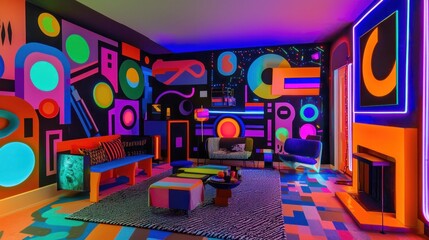 Neon Dreamscape: A Vibrant Living Room Explosion of Color and Geometric Patterns