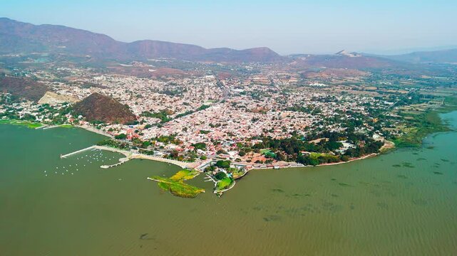Mexican town of Chapala on the shores of its huge lake. Cerro San Miguel in the background. Jalisco State