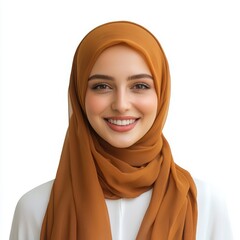Portrait of a smiling, beautiful Muslim female model wearing a hijab, isolated on white background