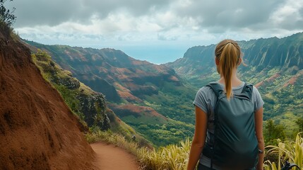 Naklejka premium Woman Pausing on Mountain Trail While Hiking and Taking in View