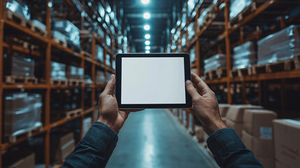 A hand holding a tablet with a blank white screen in a busy warehouse surrounded by shelves