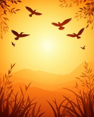 Obraz premium A tranquil sunset scene featuring silhouettes of birds flying against an orange backdrop, framed by grass and distant mountains.