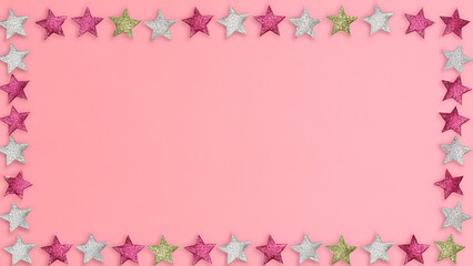 Festive glitter star border on a pink background perfect for party invitations, celebration posters, and holiday-themed designs