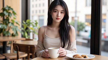 Serene Cafe Moment: Young Woman Enjoying Coffee
