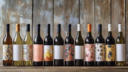 Photo of multiple wine bottles with blank labels on the front, arranged in rows against an old wooden background. The bottle bodies are of various sizes and shapes to show diversity, with some display