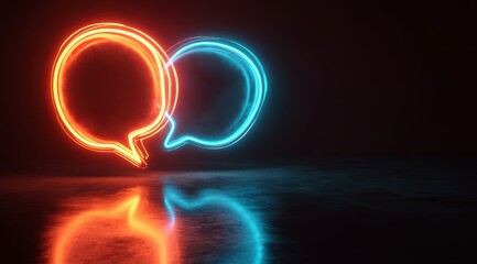 Obraz premium Two neon speech bubbles, orange and blue, glowing on dark reflective surface.