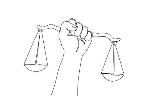 Continuous one line drawing of hand holding judicial scales or law scales. Libra symbol in single outline vector illustration. Editable stroke.