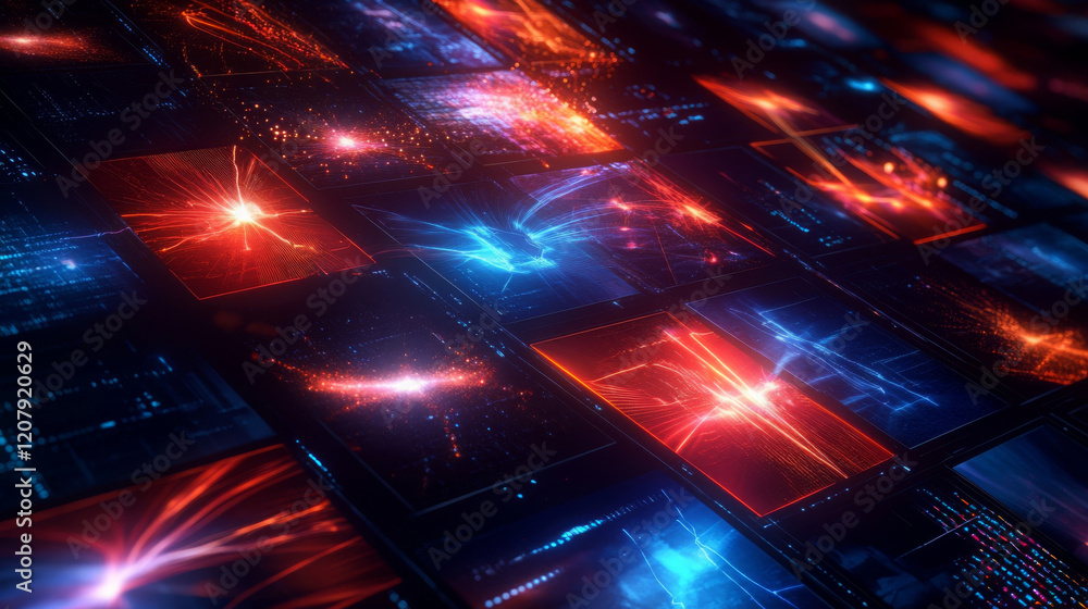Poster high energy visual featuring vibrant light trails and digital patterns, creating dynamic and futuris