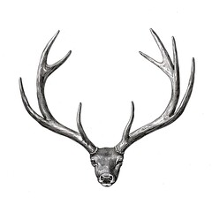 Majestic deer antlers and head, monochrome illustration.