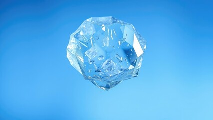 Obraz premium Close-up shot of a single large ice crystal suspended in air, its facets glinting in soft blue light, icy formations, winter weather effects, frozen scenery