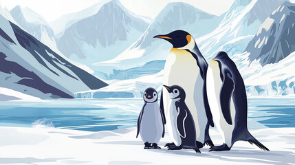 Fototapeta premium A penguin with its babies standing of an ice land.