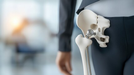 Human hip joint anatomy with prosthetic implant in close up view