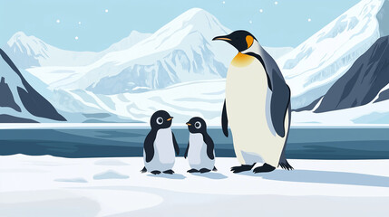 Fototapeta premium A penguin with its babies standing of an ice land.