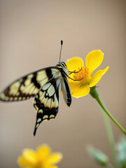 Fototapeta premium Close-up of zebra swallowtail butterfly on vibrant yellow flowers, fluttering, colorful