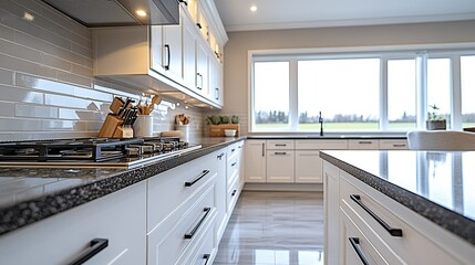 Modern white kitchen with dark countertop, view of winter fields