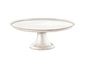 Watercolor vintage white empty dish vase for food on a high leg isolated on white background. Hand drawn illustration sketch