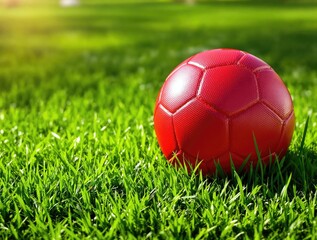 Close-up of red football on a grassy soccer field with blurred background, ball, soccer, detail