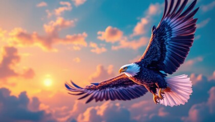 Obraz premium Majestic bald eagle soaring in vibrant sunset sky