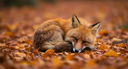 Fototapeta premium fox curled up on a bed of orange and yellow leaves