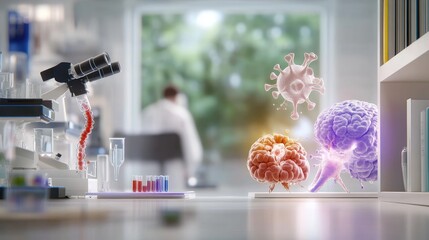 Naklejka premium Laboratory View with Microscopes and 3D Virus and Brain Models