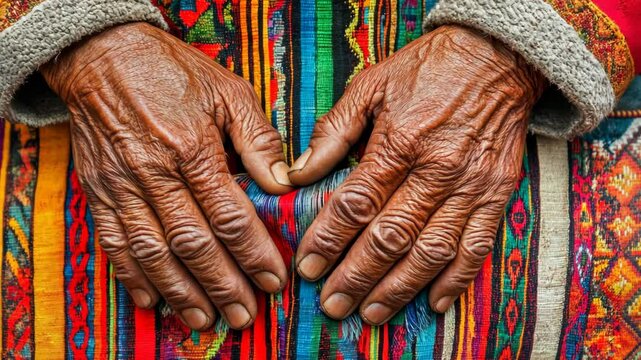 Hands of an elderly artisan showcase intricate textile in vibrant colors during a traditional craft demonstration in a mountain village