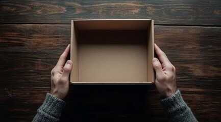 Empty cardboard box held by hands on a wooden table.