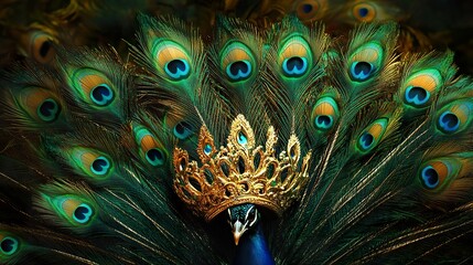 Obraz premium A collection of vibrant peacock feathers arranged artistically around a golden crown, symbolizing the spirit of Krishna Janmashtami.
