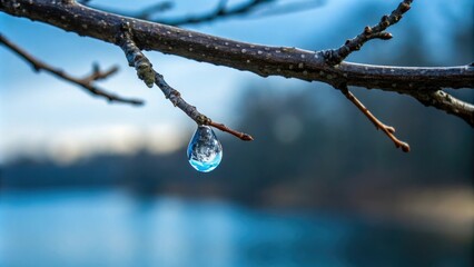 Close-up of a single blue water drop suspended on a branch of a tree against the vast blue water background, nature element, tree branch, aquatic feature