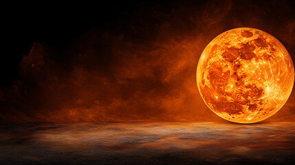 vibrant orange moon rises against dark, smoky background, creating dramatic celestial scene. soft textures enhance ethereal quality of image