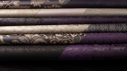 Fototapeta premium Luxurious Fabric Rolls in Dark Hues and Elegant Designs